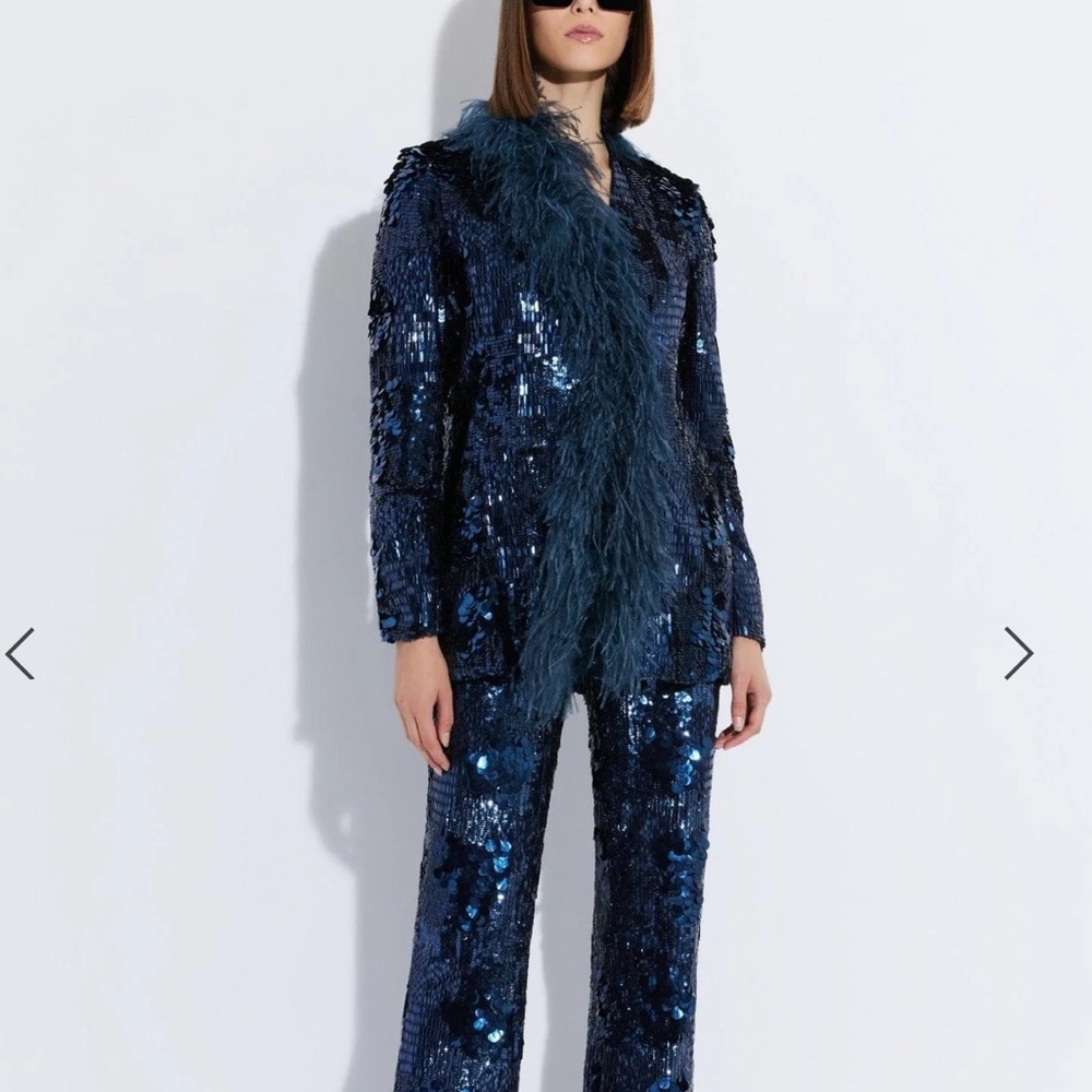 LAPOINTE Blue Blazer Patchwork Sequin Feather Trim Blazer - Picture 3 of 13